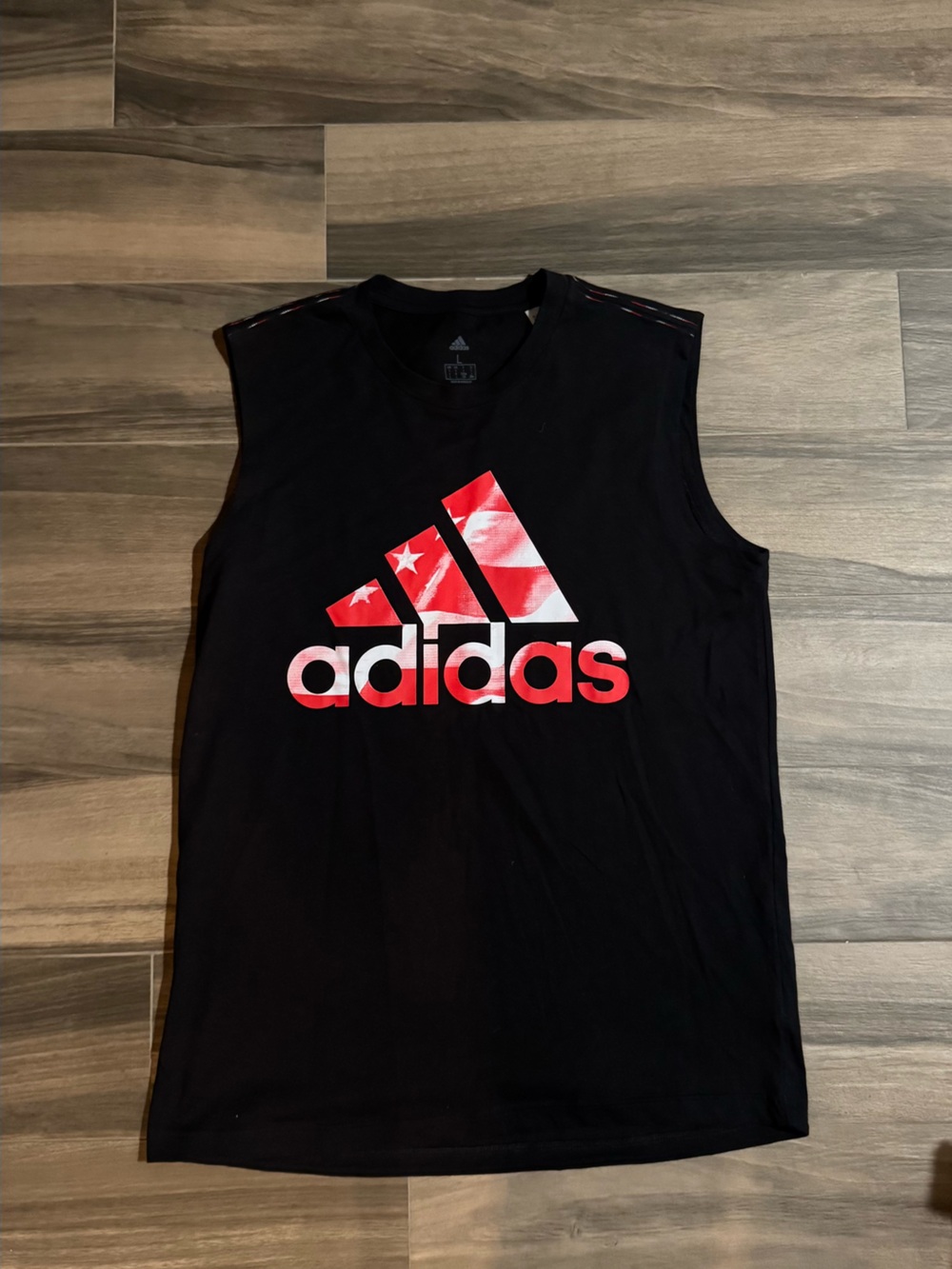 adidas Black Sleeveless Tank with Red Logo Graphic
